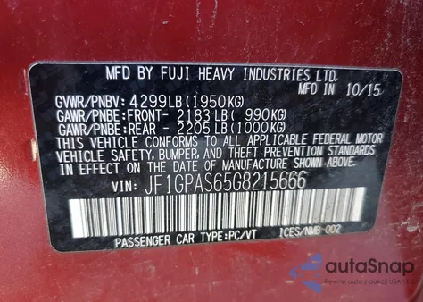 2016 Subaru Impreza Sport z USA, uszkodzony, nr VIN JF1GPAS65G8215666